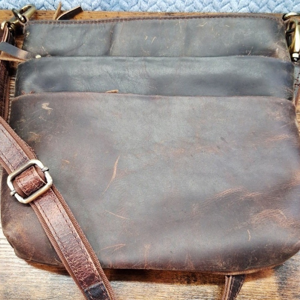Distressed Brown Leather Crossbody Bag Multi Pocket Messenger Purse Cowgirl Boho - Picture 7 of 12